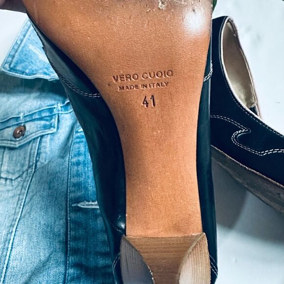 Vintage Romanelli Made in Italy black/pink leather scalloped detail pinup heels - Picture 4 of 10